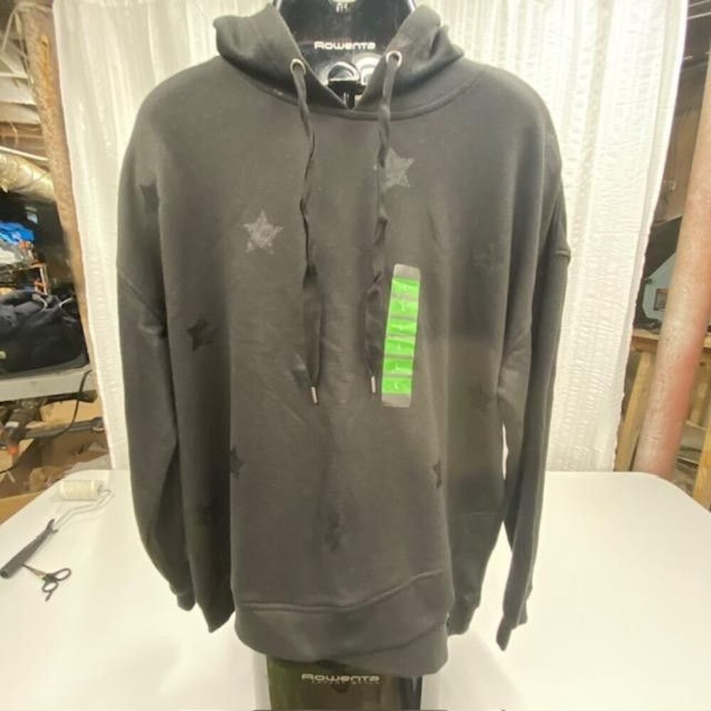 Seven7 Womens Large Black Star Hoodie NWT Pullover Sweatshirt Flocked Stars